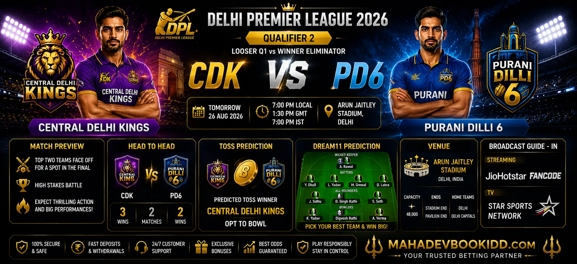 CDK vs PD Qualifier 2 prediction Delhi Premier League 2026