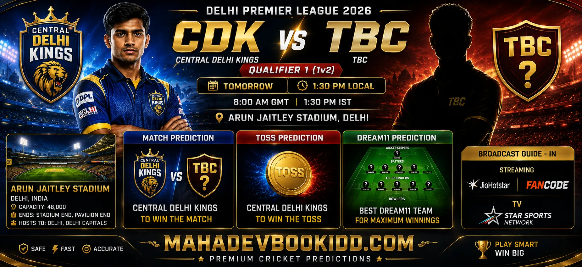 CDK vs TBC Qualifier 1 prediction Delhi Premier League 2026