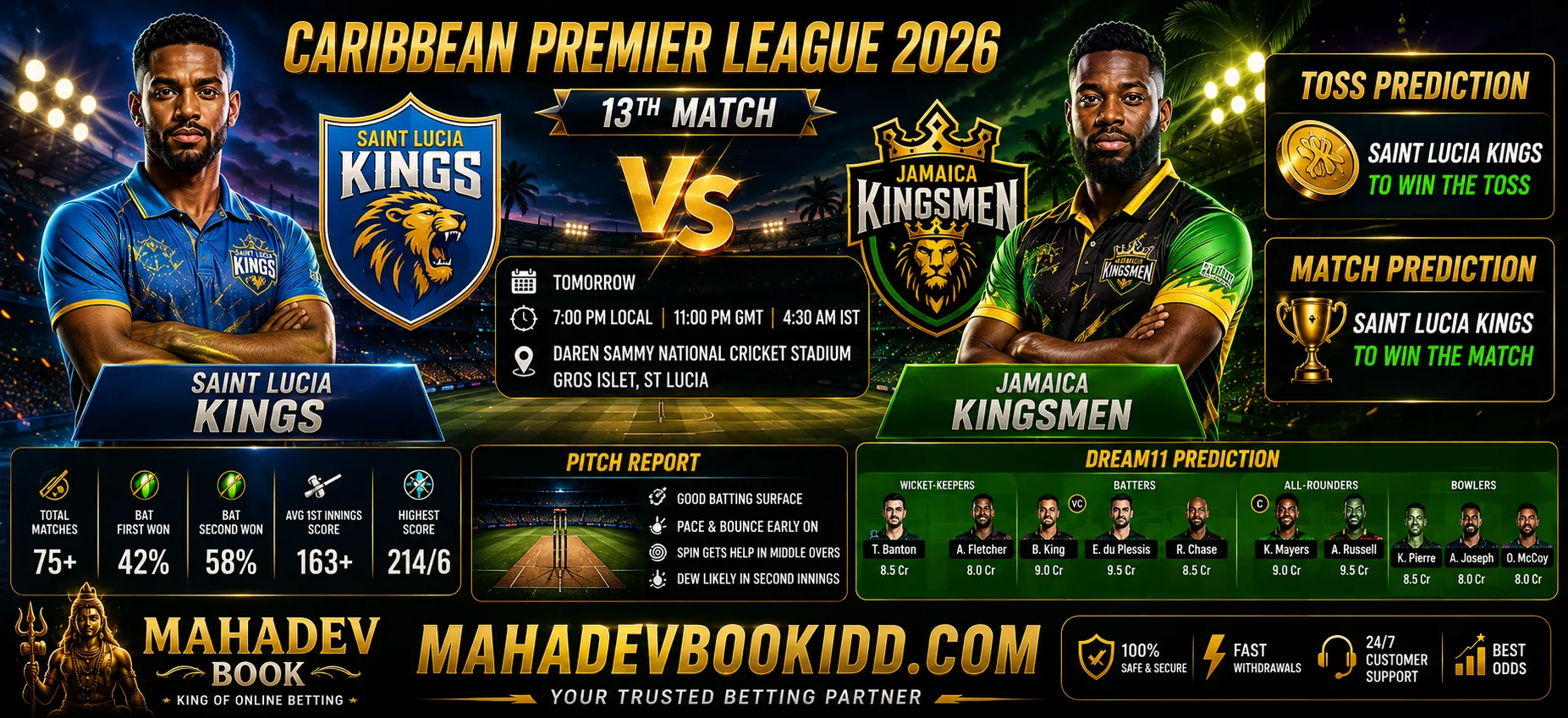 SLK vs JKM 13th Match prediction Caribbean Premier League 2026