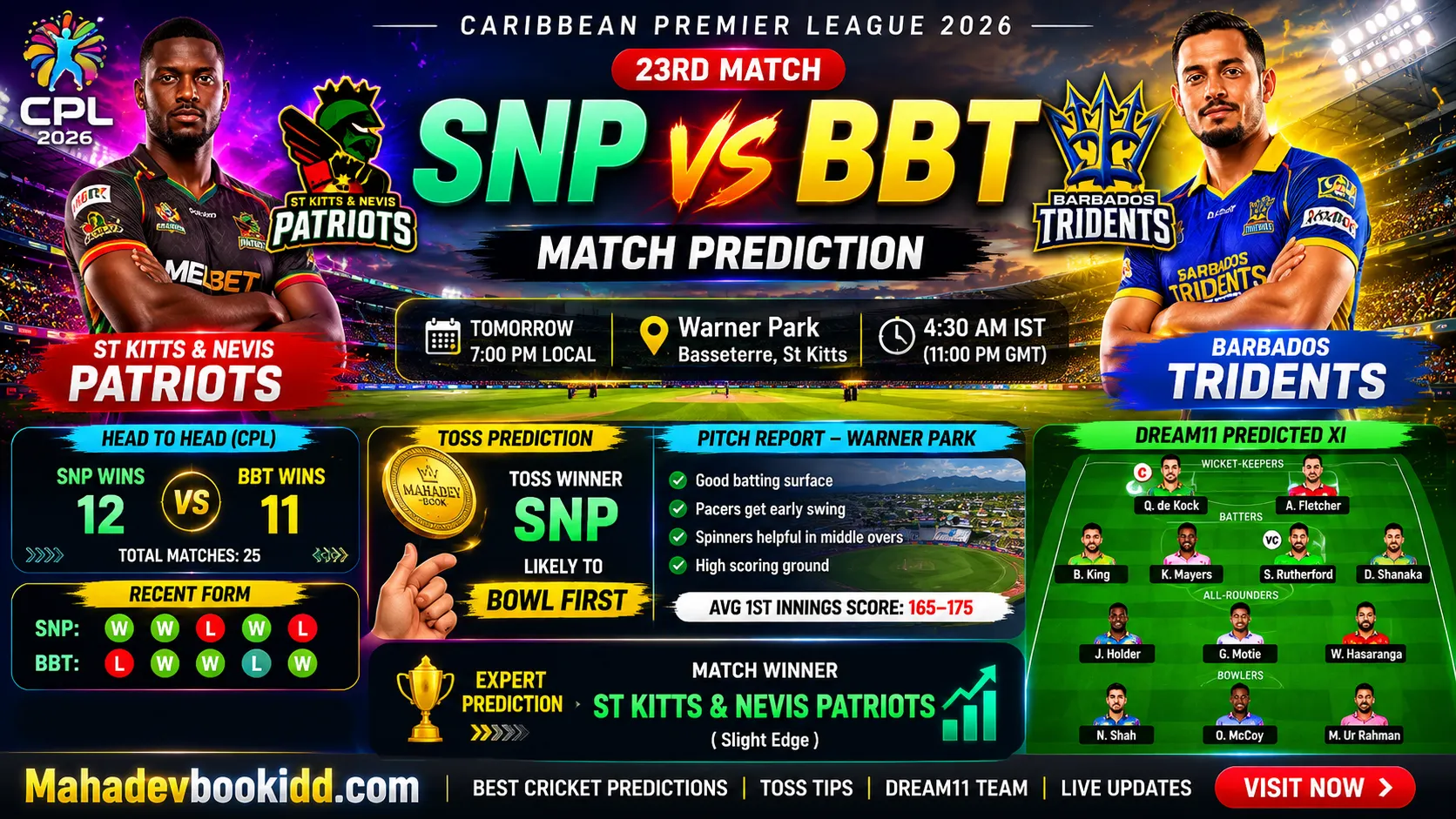 SNP vs BBT 23rd Match prediction Caribbean Premier League 2026