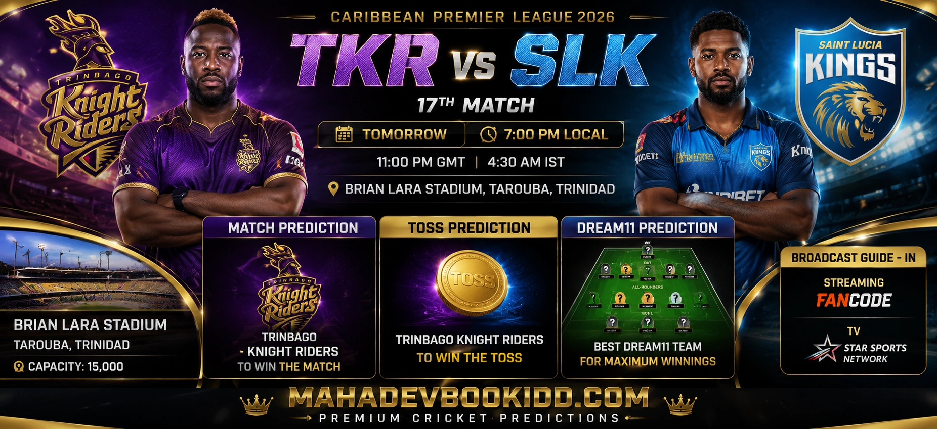 TKR vs SLK 17th Match prediction Caribbean Premier League 2026