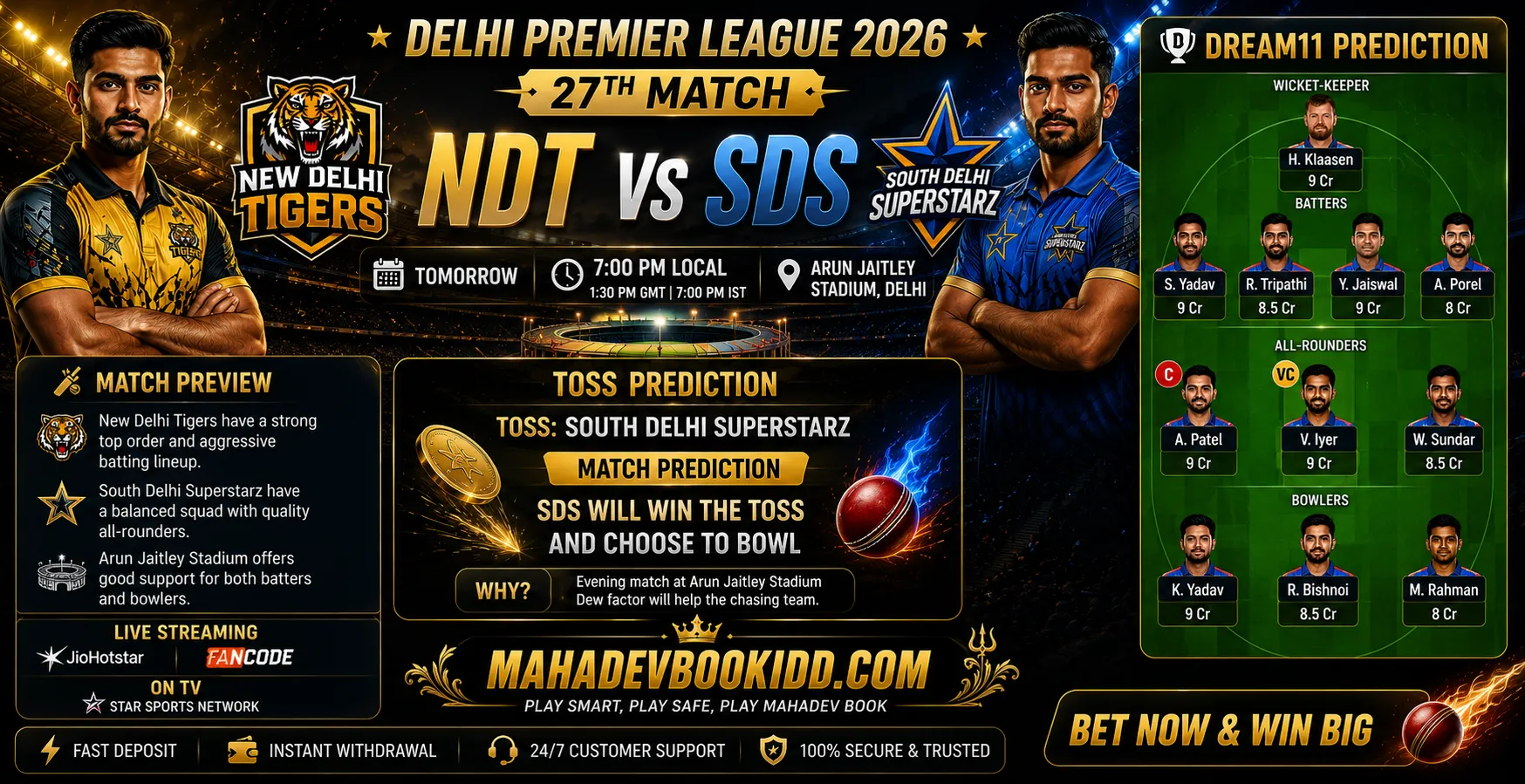 NDT vs SDS 27th Match prediction Delhi Premier League 2026