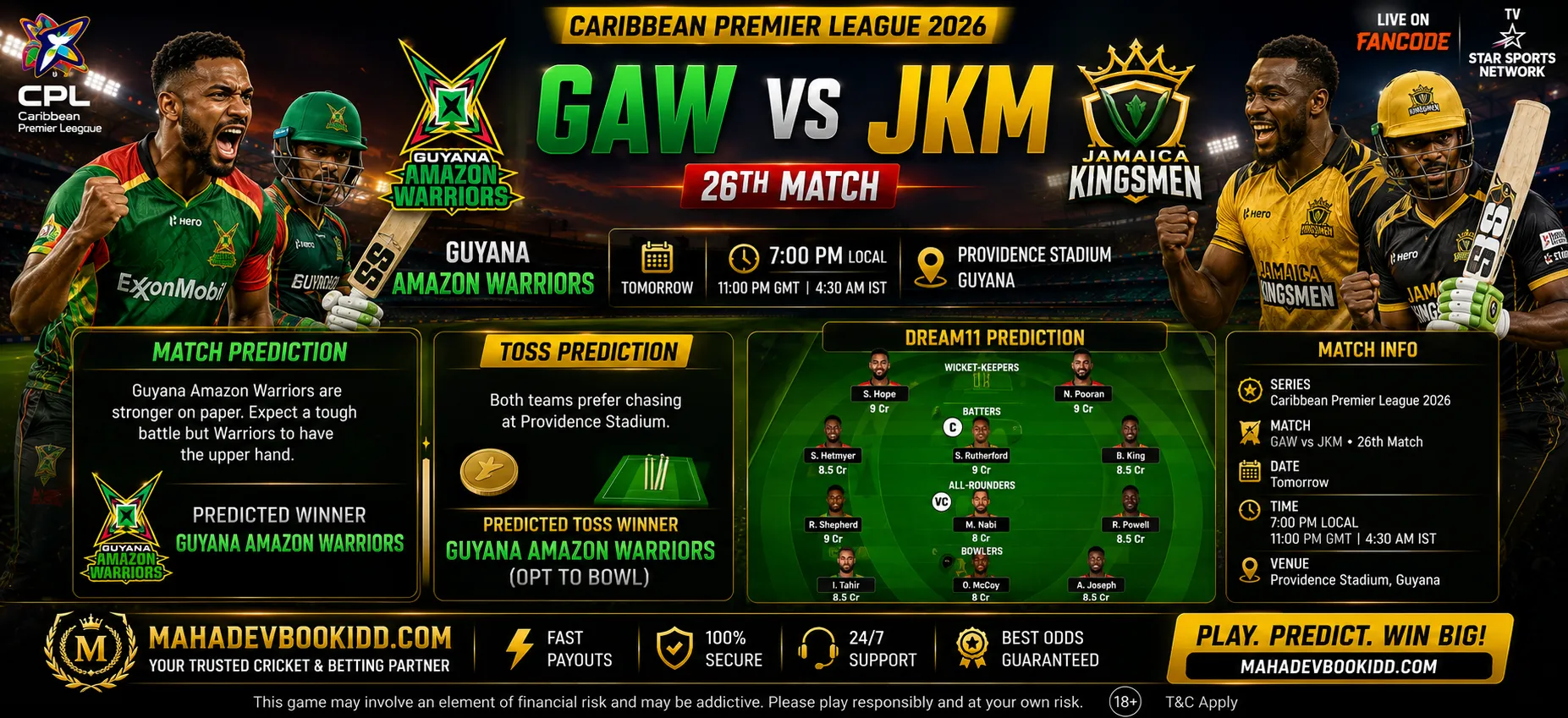 Guyana Amazon Warriors vs Jamaica Kingsmen CPL 2026 Match Preview